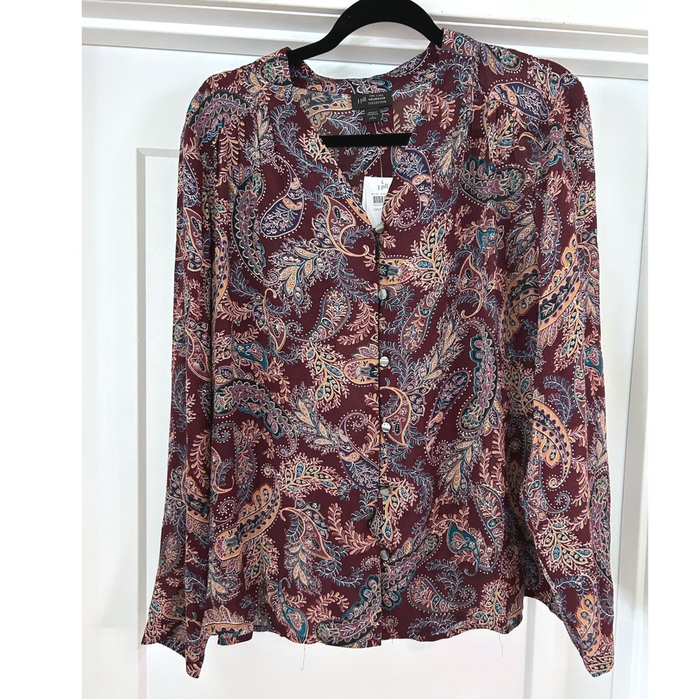 NEW J. Jill Wearever Collection Burgundy Paisley Button Blouse Petite Large